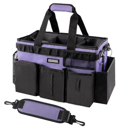 SCAVATA Wearable Cleaning Caddy Bag, Cleaning Caddy Supplies Organizer with Handle & Shoulder Straps for Housekeepers, Under Sink & Car Cleaning Tool Organizers with 4 Foldable Divider (Purple) - color: Purple