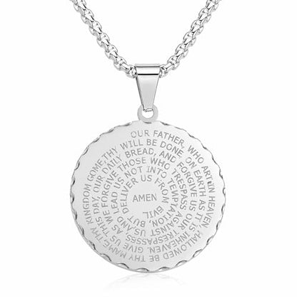 Steeltime Stainless Steel Lords Prayer Necklace with Simulated Diamonds - color: Silver, style: Round Pendant