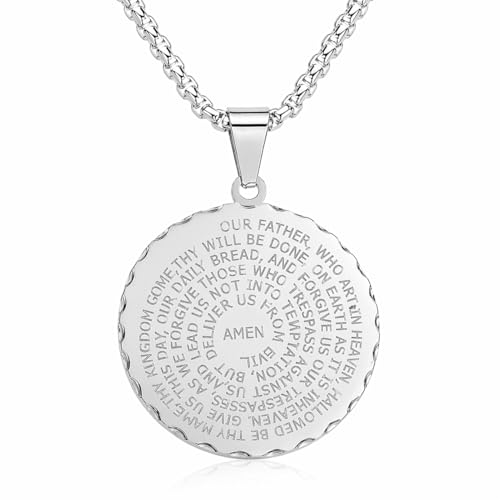 Steeltime Stainless Steel Lords Prayer Necklace with Simulated Diamonds - color: Silver, style: Round Pendant