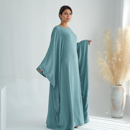 Abaya Dress for Women Soft Crepe Like Linen Khimar Butterfly Batwing Dubai Islam Muslim Kaftan Modest Prayer Dress - color: Green, size: Medium