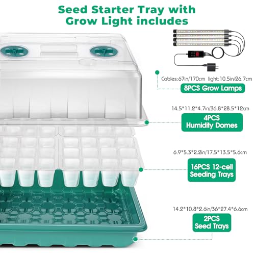 Seed Starter Tray with Grow Light, 192-Cell Seed Starter Kit, Seedling Starter Trays with Humidity Domes, Automatic Timer, Adjustable Light Indoor Gardening Plant Germination Trays - color: Green 4 Set