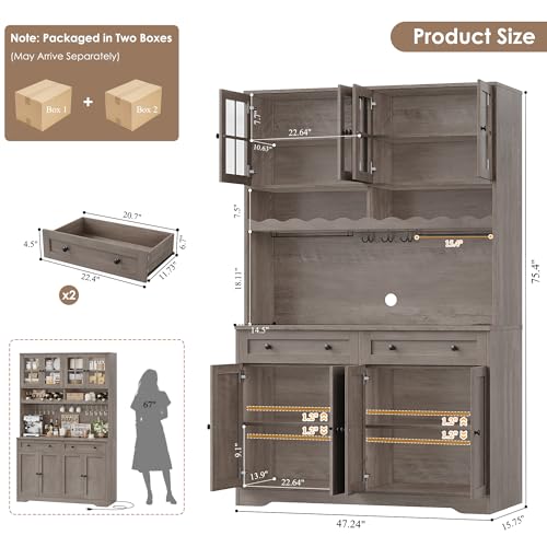 HOSTACK Kitchen Pantry Storage Cabinet, Coffee Bar Hutch Cabinet, Ash Gray | 75.4" Tall Pantry Cabinet with Charging Station / Countertop / Glass Doors / Wine Rack / Cup Holder / Drawers, Dining Room - color: Ash Gray