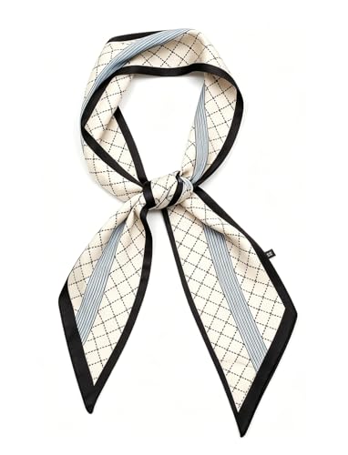 Silky Satin Long Skinny Head Scarf for Women - Neck Hair Scarf, Purse Bag Belt Accessory, Silk Feeling, 57"x5" - color: White Stripes07