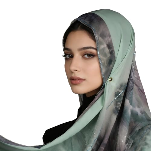 Chiffon Rhinestone Muslim Headscarf - color: Green Floral Pattern 