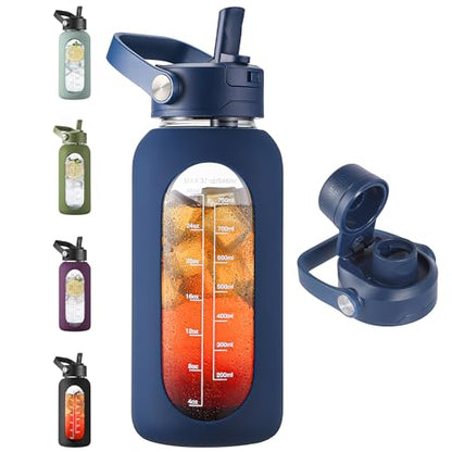 CIVAGO 32 oz Glass Water Bottle with Detachable Straw and Time Maker | Motivational Large Flask Cup with Handle, Leakproof Lids, Wide Mouth, Silicone Sleeve, Tumbler for Juice, Navy - color: .Navy Blue, size: 32 Ounces