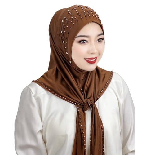 Suillty Women's Pearls Muslim Islam Instant Hijab Scarf Soft Turkish Headwear Jersey Headscarf Shawl Wrap - color: Brown
