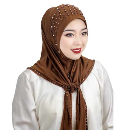 Suillty Women's Pearls Muslim Islam Instant Hijab Scarf Soft Turkish Headwear Jersey Headscarf Shawl Wrap - color: Brown