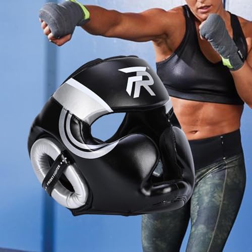 Boxing Headgear Forehead and Ear Protection Thickened Gear Full Face Protection for Training Muay Thai Men Women - color: Argent L