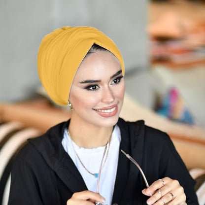 para life Dubai Turbans for Women, Breathable Instant Turban|Std Size Stretchable Cotton|Hijab Cap&Undercap - color: Mustard