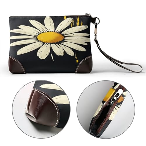 Leather Clutch Purse for Women, Large Capacity Wristlet Wallet with Removable Strap, Zip Handbag - color: Stylish Daisy