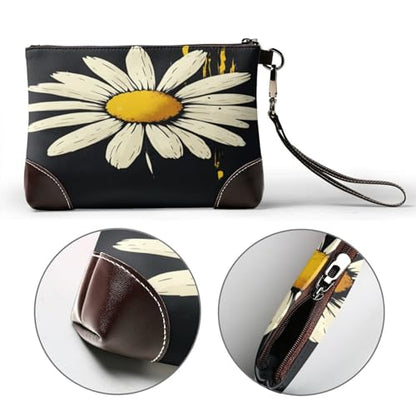 Leather Clutch Purse for Women, Large Capacity Wristlet Wallet with Removable Strap, Zip Handbag - color: Stylish Daisy
