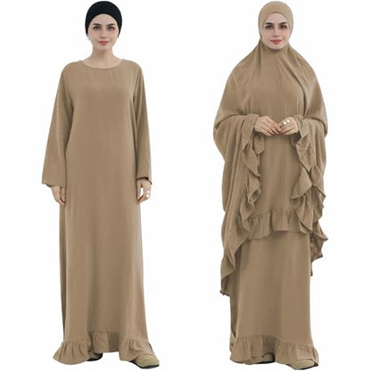 2PCS Women Muslim Prayer Abaya Dress Ruffle Trim Side Pockets with Khimar - color: Khaki, size: Large