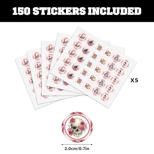 Gothic Kiss Sticker Labels - Floral Skull Round Candy Sticker Favors - Happy Halloween Party Labels Fit Chocolate Candy (Set of 150) - color: Gothic