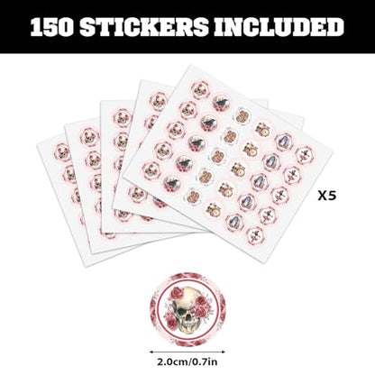 Gothic Kiss Sticker Labels - Floral Skull Round Candy Sticker Favors - Happy Halloween Party Labels Fit Chocolate Candy (Set of 150) - color: Gothic