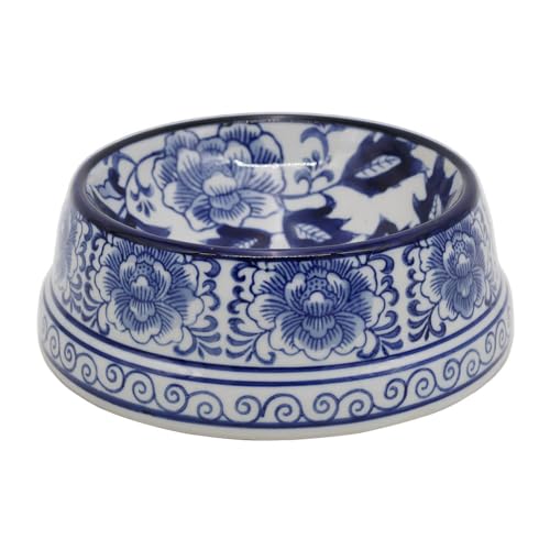 Aimusego Blue and White Flower Pattern Ceramic Dog Food Dish for Small Medium Dogs and Cat,Heavy Non-Slip Porcelain Pet Bowl for Food and Water -6.7inch - color: Blue small peony scrolls, size: Small (11OZ)