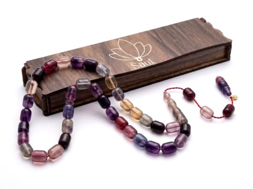 Saul Handmade 33 Beads Tasbih, Amber Phenolic Resin Islamic Prayer Beads with System Tassel, Pointed Capsule Cut Misbaha in Wooden Gift Box - color: Marbled Amethyst & Smoke