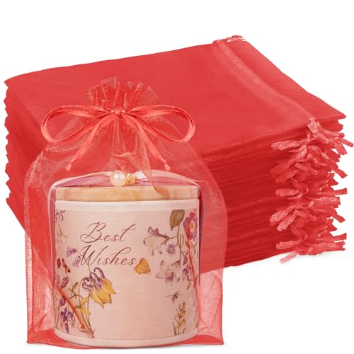 Crweety 100Pcs Large Red Organza Bags 6x9, Small Mesh Gift Bags Drawstring - color: Red