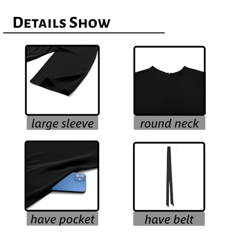 Women Abaya Dress with Belt Muslim Bell Sleeve Robe Islamic Prayer Jilbab | with Belt, A-line Skirt, Bell Sleeve - color: Black, size: Large
