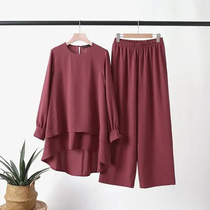 Muslim Casual 2 Piece Set For Women Long Sleeve Loose Top Wide Leg Pants Suit Plus Size Outfit Prayer Clothes - color: 1-red, size: Large