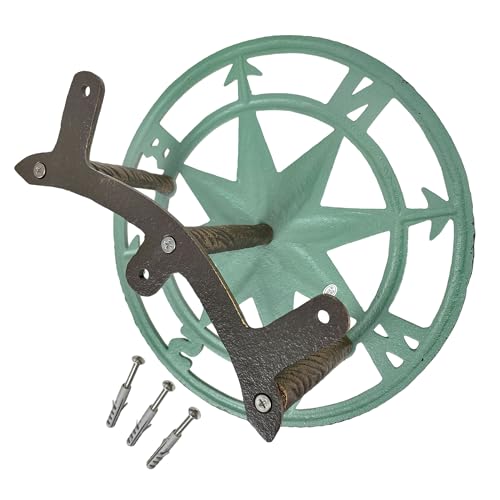 Verdigris Green Finish Cast Iron Nautical Compass Rose Wall Mounted Decorative Hanging Garden Hose Hanger - Hose Holder Organizer for Outdoor Spaces - 12 Inches in Diameter | Nautical Round Face, Holds Approximately 75 Feet, 5.5 Inch Deep, Bolts and Ancho