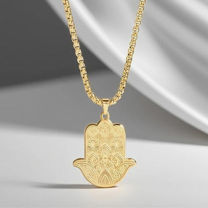 Gold Hamsa Hand Necklace for Men & Women, Stainless Steel Hand of Fatima Pendant, Spiritual Protection Amulet on a Box Chain