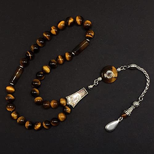 Design -Tiger Eye Stone Series Worry Beads - Prayer Beads - Tesbih-Tasbih-Tasbeeh-Misbaha-Masbaha-Subha-Sebha-Sibha-Rosary (Tiger Eye Natural Stone -8 mm 33 Beads & Drop Tassel) - color: Tiger Eye Natural Stone -8 Mm 33 Beads & Drop Tassel