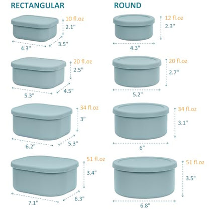 100% Silicone Food Storage Containers with Lids, 8 Pack, 10oz to 51oz, Reusable Leakproof Nesting & Stackable Silicone Bento Lunch Box, Microwave Freezer Dishwasher Oven Safe, BPA Free, Slate Green - color: Slate Green | 8 Pack