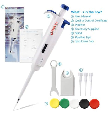 FOUR E'S SCIENTIFIC 0.1-2.5μL Pipette, Single-Channel Adjustable Pipettor | Manual Micropipette, Clear Volume Display, Lightweight Ergonomic Design - size: 01 (0.1-2.5ul)