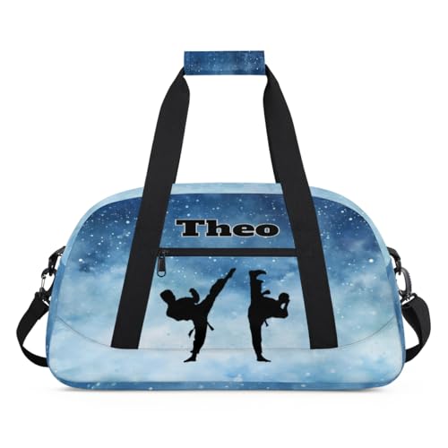 Custom Sport Bag for Boys, Taekwondo Silhouette Blue Starry Night | Personalized Named Practice Travel Overnight Training Bag - color: Color 4