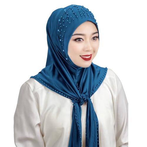Suillty Women's Pearls Muslim Islam Instant Hijab Scarf Soft Turkish Headwear Jersey Headscarf Shawl Wrap - color: Deep Blue