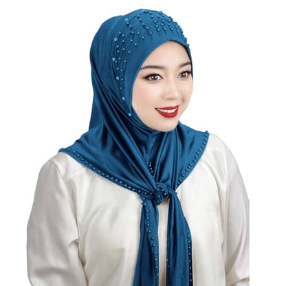 Suillty Women's Pearls Muslim Islam Instant Hijab Scarf Soft Turkish Headwear Jersey Headscarf Shawl Wrap - color: Deep Blue
