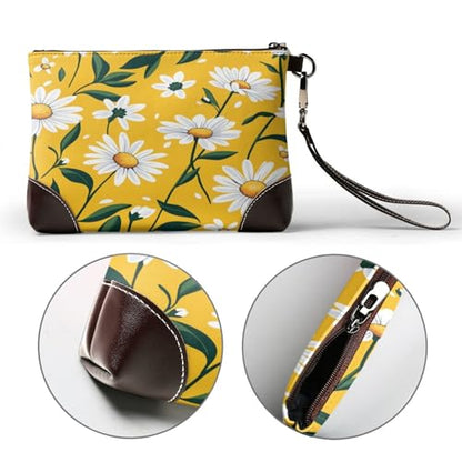 Leather Clutch Purse for Women, Large Capacity Wristlet Wallet with Removable Strap, Zip Handbag - color: Daisies on Yellow Background