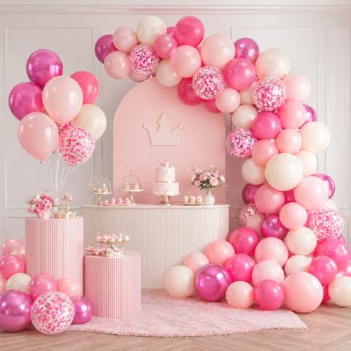 Shades of Pink Balloons 12 Inch, Hot Pearl Light Pastel Baby Dark Bright Pink Sand Latex Balloons with Metallic Magenta Pink Confetti Balloon for Princess Theme Birthday Wedding Bridal Shower Party - color: Magenta Pink