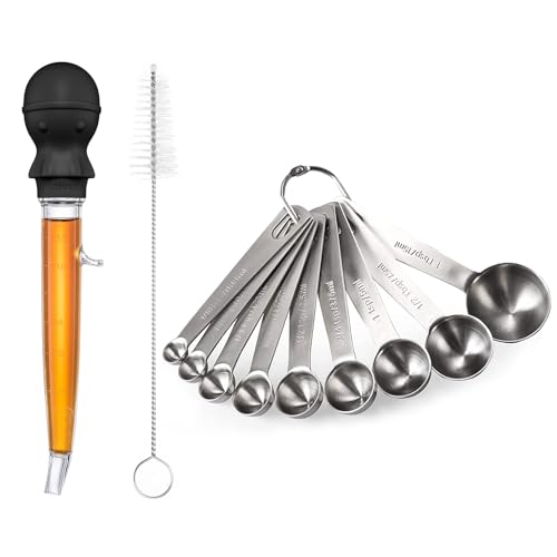 U-Taste 228.2℉ Heat Resistant 1.5 oz Angled Turkey Baster for Cooking Basting Meat (Black), and 18/8 Stainless Steel Measuring Spoons Set of 9 for Dry and Liquid Ingredients