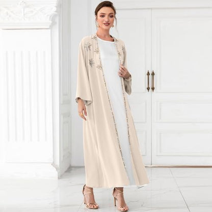 IDOPIP Muslim Abayas for Women Long Sleeve Open Front Cardigan Rhinestone Applique Islamic Dubai Maxi Kaftan Dress with Belt - color: Champagne, size: X-Large