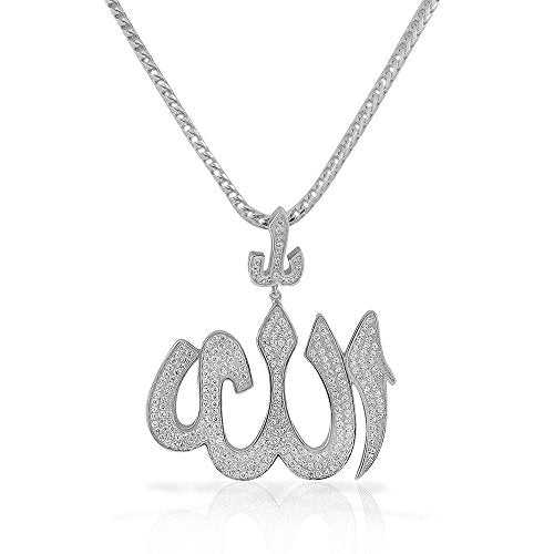 925 Sterling Silver CZ Large Hip-Hop Religious Muslim Islam God Allah Pendant Necklace - color: White