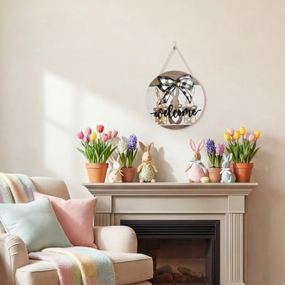 Smile Round Wooden Easter Welcome Sign - Plaid Bow & Polka Dot Bunny Design, Farmhouse Style Hanging Door Decor for Spring Holiday Home Accent - style: Easter Bow