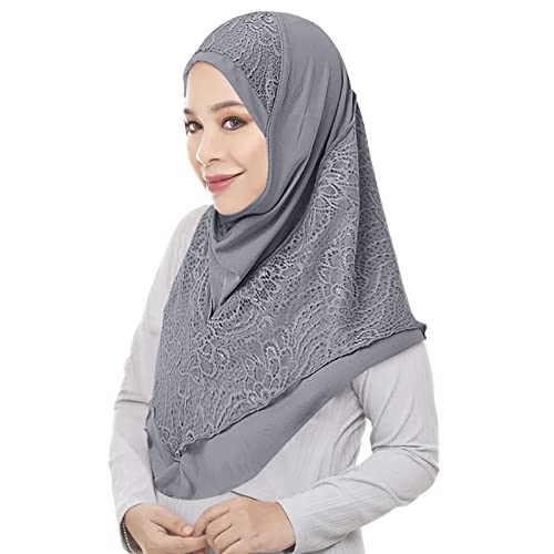 Women Muslim Hijab Scarf Floral Lace Head Wrap Turban Islamic Arab Ready to Wear Aiyah Amira Lightweight Shawl - color: Gray