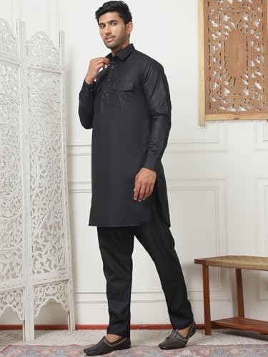 Maple Clothing Punjabi Kurta Pajama Set Pathani Mens Cotton Indian Clothes Bollywood Outfit - color: Black, size: X-Large