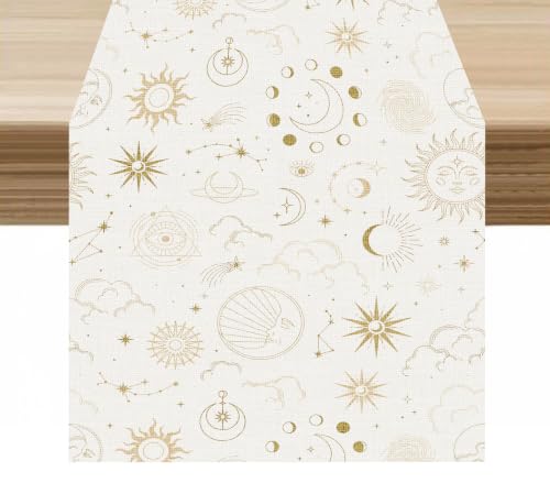 Moon Table Runner Boho Witchy Moon Phase Celestial Tarot Constellation Pattern Decor for Indoor Outdoor Wedding Party Dinner Festival Farmhouse Holiday Home Kitchen Dining Room, 13x36in - color: Moon-white, size: 13x36in