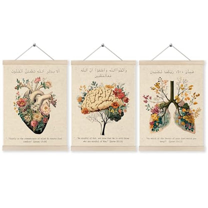 HUGANE Islamic Quran Verse Anatomy Wall Art Poster Hanger Frame, Floral Heart Brain Lungs Anatomical Canvas Prints Framed Hanging Wall Decor for Medical Office School Home, 12x16 Inch Set of 3