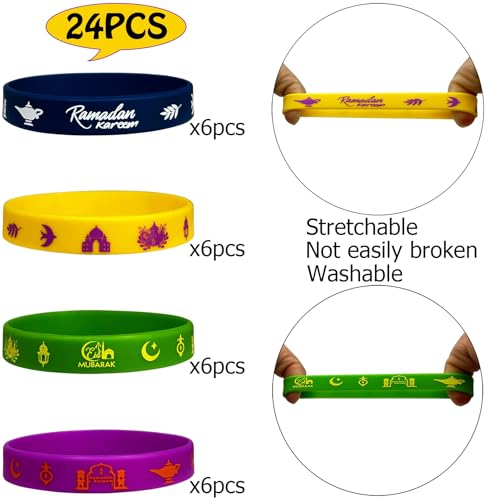 24 Packs Eid Mubarak Silicone Bracelets Party Supplies Mubarak Kareem Motivational Rubber Wristbands for Ramadan Mubarak Themed Party Favors Award Gift