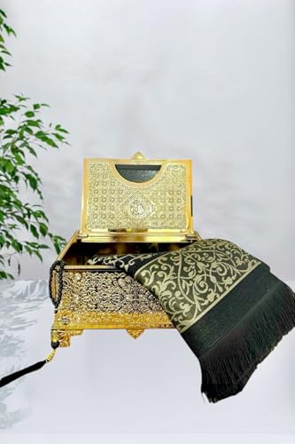 SODEF Gold Zircon Stone Chest Decorative Accent with Quran Prayer Rug and Tasbih Set Quality Religious Gift 10.2 in | Made of Polyester | Abstract Theme | Sophisticated Home Decor Accent - Gold