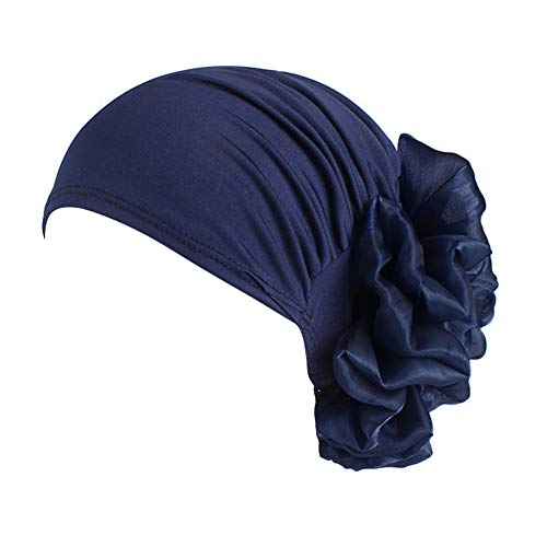 Women Flower Elastic Turban Beanie Head Scarf wrap Chemo Cap hat for Cancer Patient - color: Navy