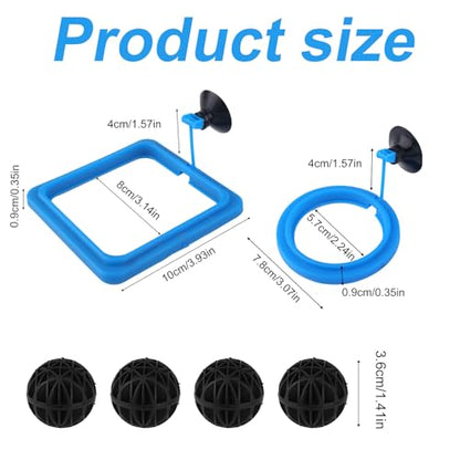 2pcs Fish Feeding Ring, Round and Square Fish Tank Feeding Ring with 4pcs Nitrifying Balls Suction Cup Aquarium Floating Food Feeder Circle for Turtle, Tortoise, Goldfish, Guppy, Koi, Puffer
