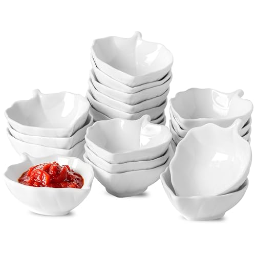 UIBFCWN 20 Pack Soy Sauce Dishes, 1.5oz Ceramic Dip Bowls, Mini Serving Bowls for Side Dishes, White Dipping Sauce Cups/Dishes, Small Sauce Bowls for Sushi, ketchup, Olive Oil, Spices - color: Leaf, size: 20 Pack