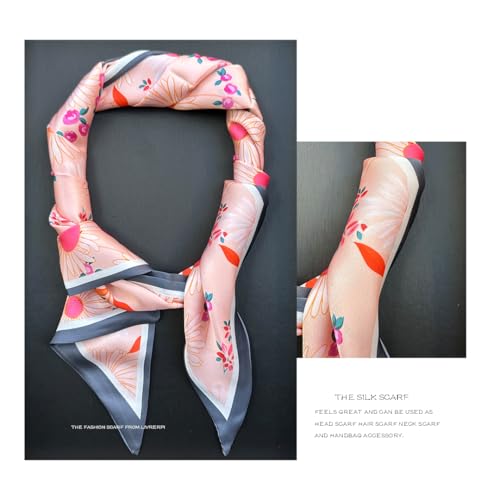 Silk Feeling Head Scarf Fashion Satin Hair Scarf Square Long Scarves for Women Gifts - color: 02 Pink Flower /5.12 X 59 Inch