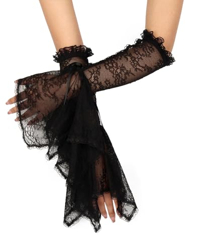 L'VOW Women's 1 Pair Gothic Black Lace Sleeves Witch Gloves Victorian Lace Arm Sleeve Vampire Accessory - color: E Black