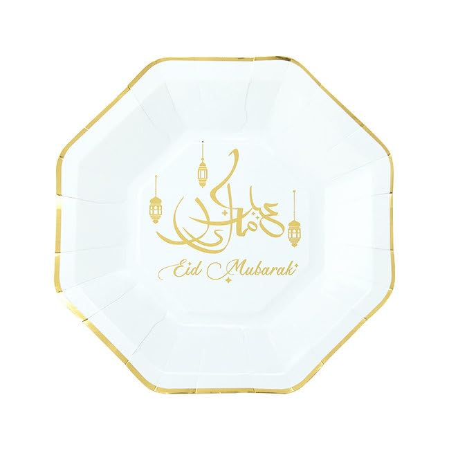 Eid Mubarak Party Disposable Tableware Set for Festive Celebrations, Parties, Muslim New Year - 8 Plates, 8 Cups, 20 Napkins, 1 Banner, 8 Desserts Plates (White)