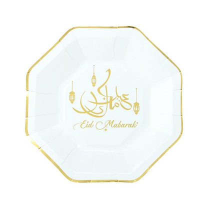 Eid Mubarak Party Disposable Tableware Set for Festive Celebrations, Parties, Muslim New Year - 8 Plates, 8 Cups, 20 Napkins, 1 Banner, 8 Desserts Plates (White)